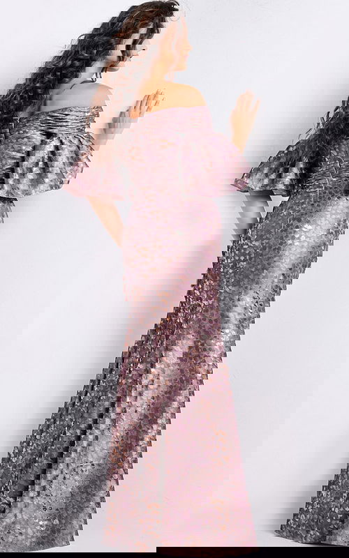 Back view of Jovani 26258 gold dress featuring ruffled sleeves.