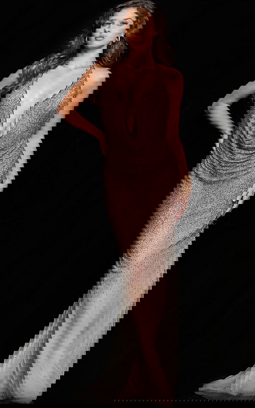 Model wearing Jovani 26268 taupe ombre dress, close-up front view.