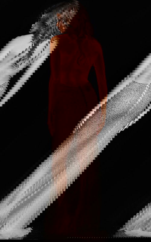 Model wearing Jovani 26268 taupe ombre dress, back view showing backless design.