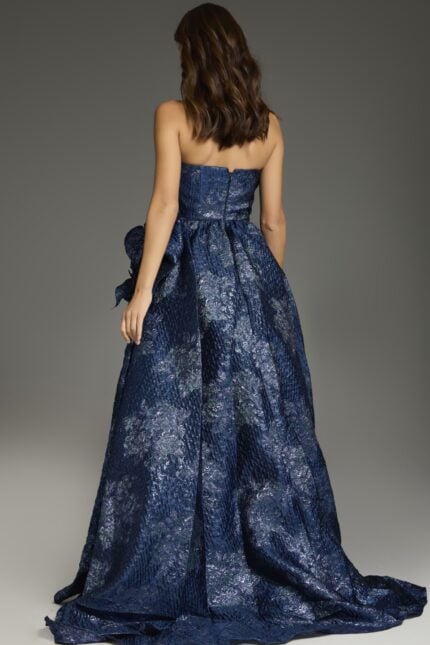 Back view of the Jovani 26269 navy dress with intricate floral detail
