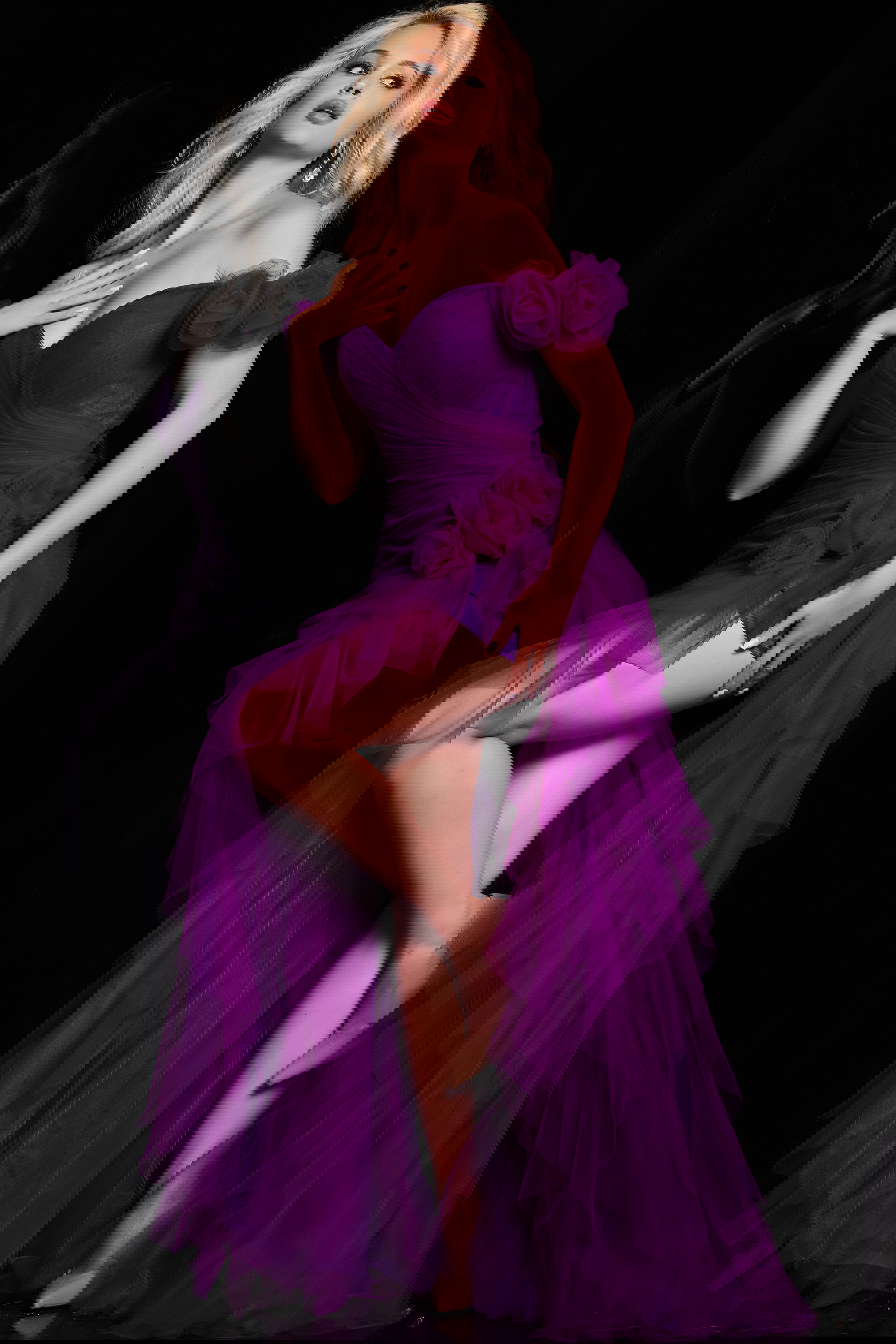 Purple off the Shoulder Tulle V Neck Dress 26312 | Jovani