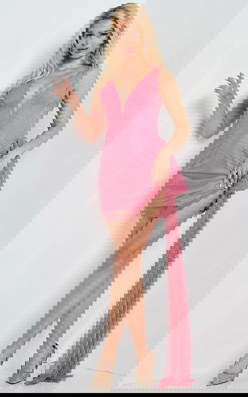 Model wearing Jovani 26319 hot pink mini dress with deep V neckline.