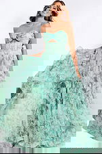 Strapless floral prom dress with ruffle layers