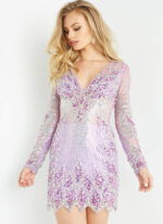 Model wearing Jovani 27205 Long Sleeve V Neck Embellished Short Dress
