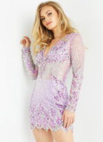 Model wearing Jovani 27205 Long Sleeve V Neck Embellished Short Dress