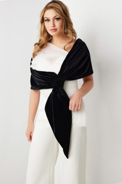 Model wearing Jovani 2750 black and white one-shoulder dress from the front view.
