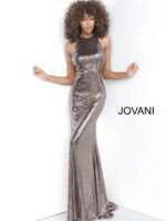 model wearing Jovani 2812 copper sequined gown with halter neckline