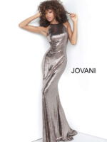 model wearing Jovani 2812 copper sequined gown showcasing full length