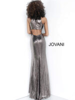 model in Jovani 2812 copper gown with fitted silhouette