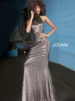 model wearing Jovani 2812 copper gown with open back detail