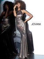 model in Jovani 2812 copper gown, mermaid silhouette