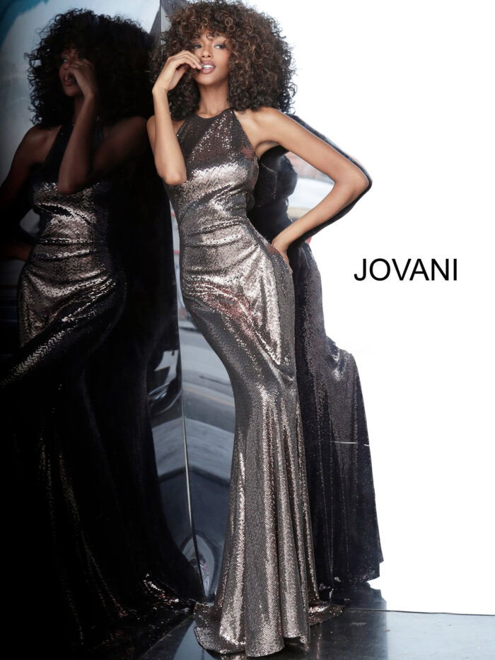 model in Jovani 2812 copper gown, mermaid silhouette