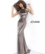 model wearing Jovani 2812 silver floor-length gown with a halter neckline