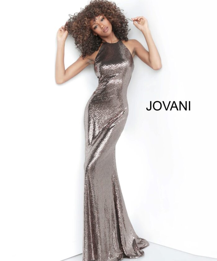 model wearing Jovani 2812 silver floor-length gown with a halter neckline