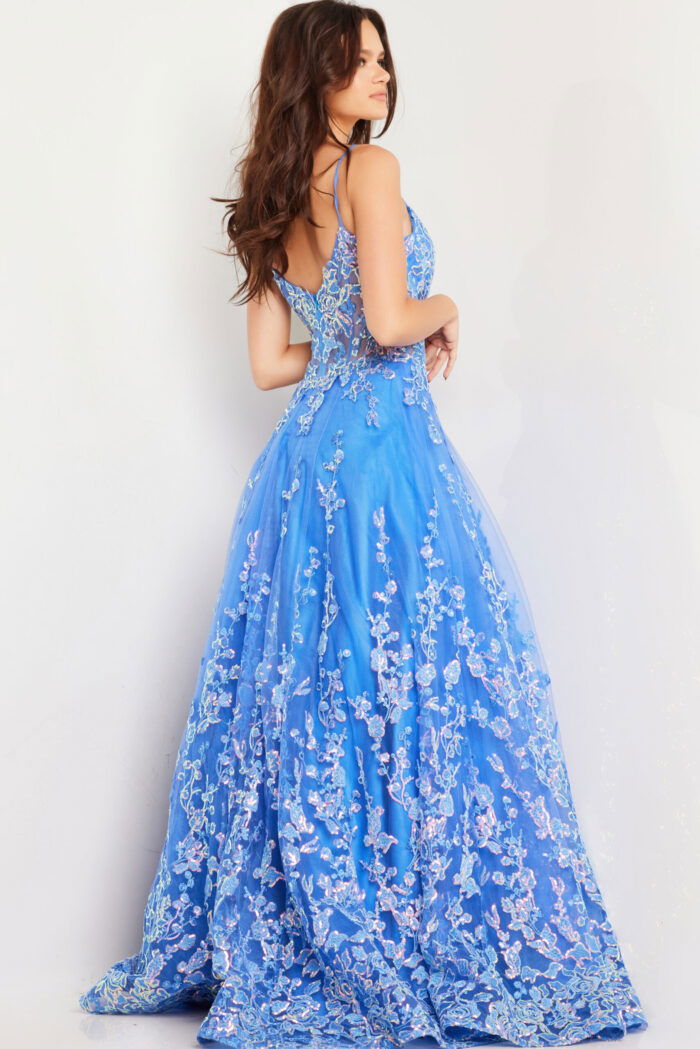 Back view of blue Jovani 29072 gown with elegant detailing