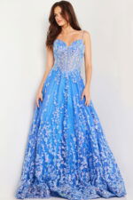 Front view of blue Jovani 29072 dress showing full length and design