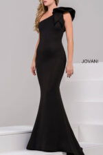 Front of Jovani 32602 black gown emphasizing one-shoulder style