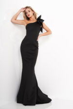 Jovani 32602 in black, front view with dramatic shoulder bow