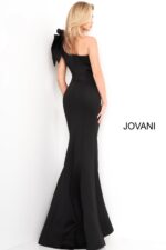 Back of Jovani 32602 black gown with bow detail