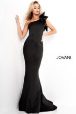 Front of Jovani 32602 black gown with one-shoulder bow