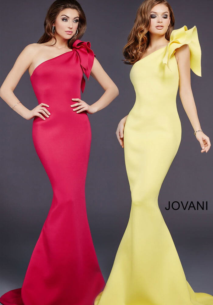 Models wearing Jovani 32602 in fuchsia and yellow, showing front design