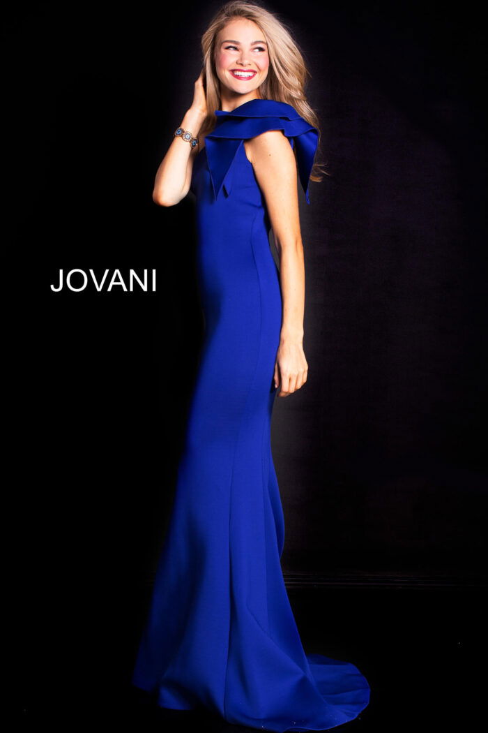 Side view of Jovani 32602 in royal blue showing the elegant mermaid fit