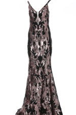 Jovani 3263 black gown with rose gold floral sequins