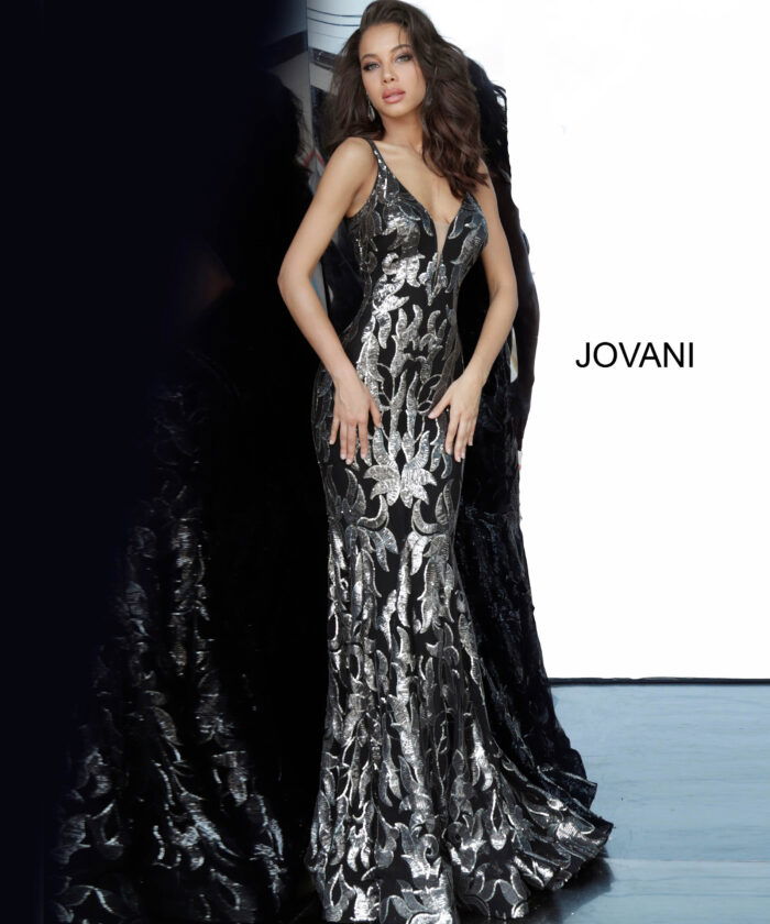 Model in Jovani 3263 black gunmetal gown with floral sequins