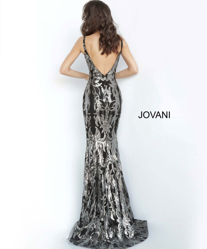 Back view of Jovani 3263 black gunmetal mermaid gown