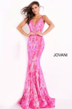 Model showing off Jovani 3263 hot pink mermaid gown with a V-neckline