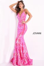 Model wearing Jovani 3263 hot pink mermaid gown accentuating V-neckline