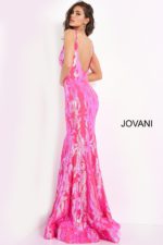 Back view of Jovani 3263 hot pink mermaid gown with a low V-back