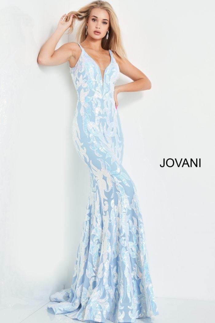 Model posing in Jovani 3263 light blue gown with delicate sequin details