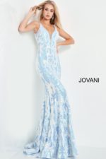 Model wearing Jovani 3263 light blue mermaid gown with floral sequins