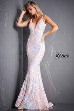 Model wearing Jovani 3263 light pink mermaid gown with floral sequins