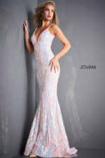 Model wearing Jovani 3263 light pink gown accentuating the V-neckline