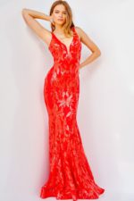 Model wearing Jovani 3263 red mermaid gown with sequin florals