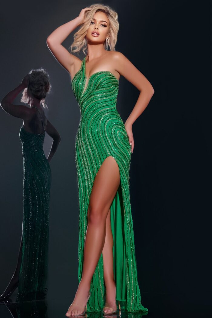 Full-length view of Jovani 34010 green gown with high slit