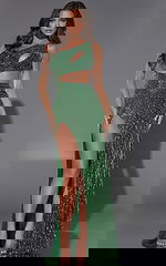 green one shoulder high slit dress 34011