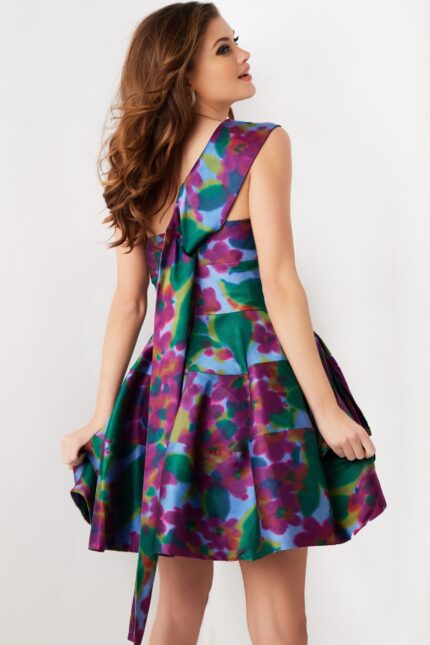 Back view of Jovani 34408 showing the bow accent on a vibrant floral pattern.