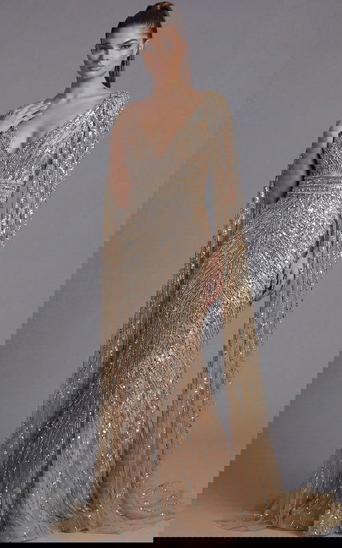 Front view of a beaded column gown with deep V neckline and draped cape sleeves