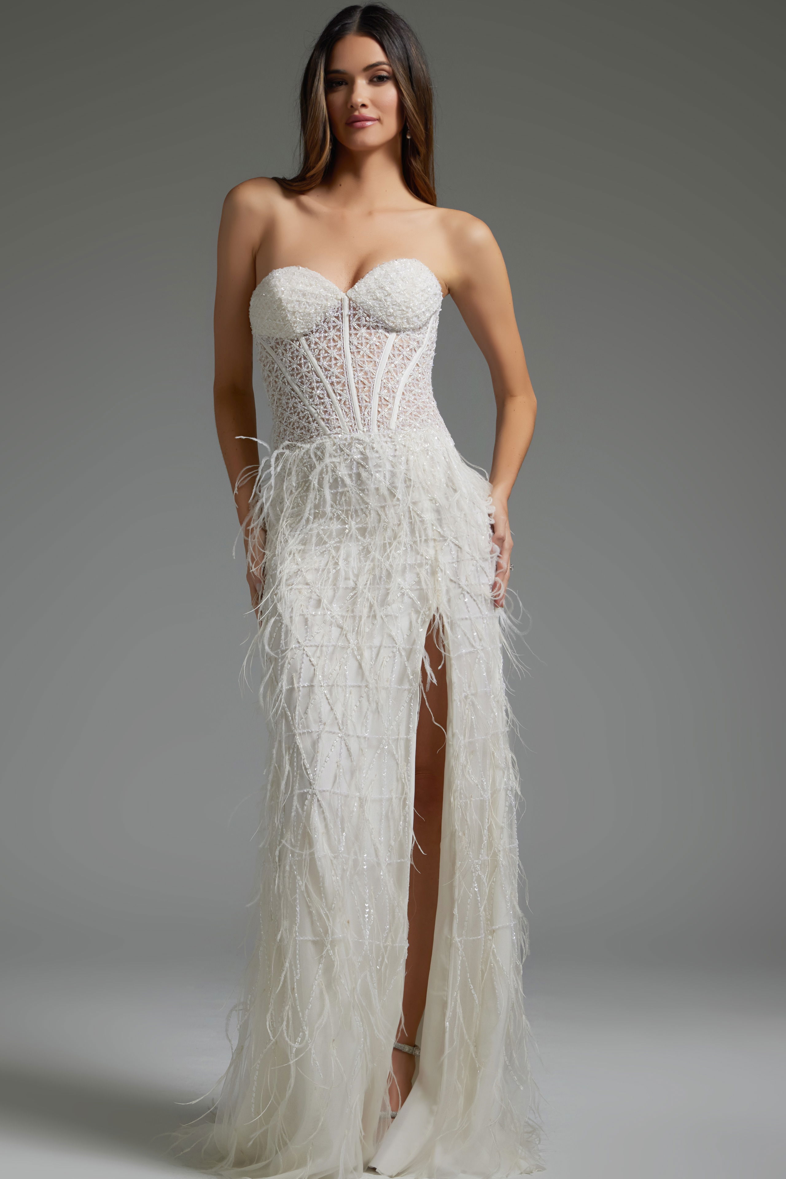 36362-OFFWHITE-202.jpg Model in Jovani 36362 white gown, showcasing front view with high slit.