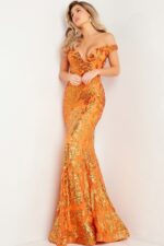Model wearing Jovani 36370 orange off-the-shoulder sequin mermaid gown front view