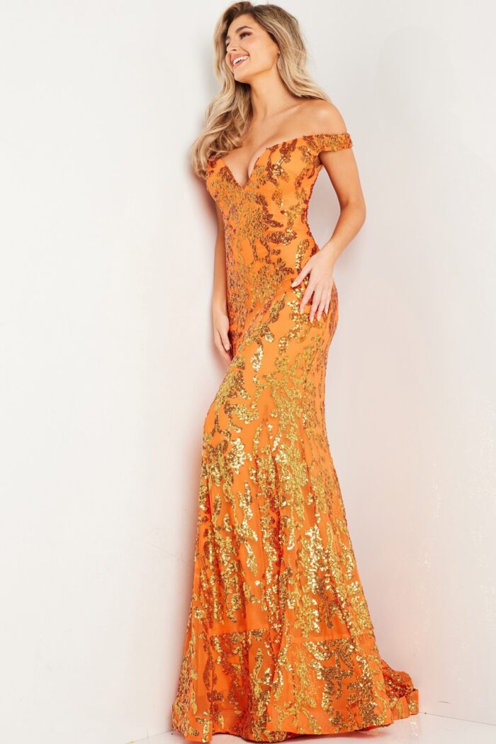 Model wearing Jovani 36370 orange off-the-shoulder sequin mermaid gown front view