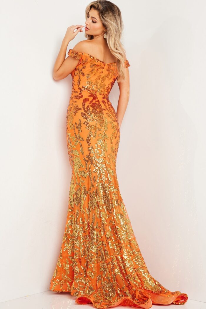 Model wearing Jovani 36370 orange off-the-shoulder sequin mermaid gown back view