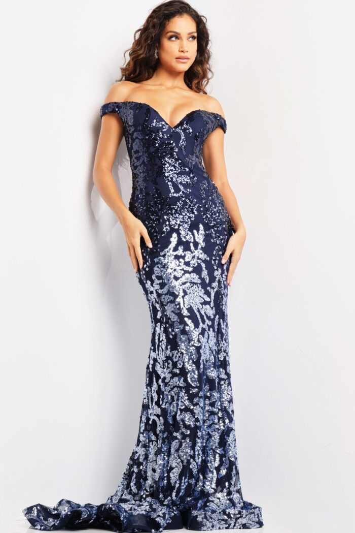 Model wearing Jovani 36370 navy off-the-shoulder sequin mermaid gown front view