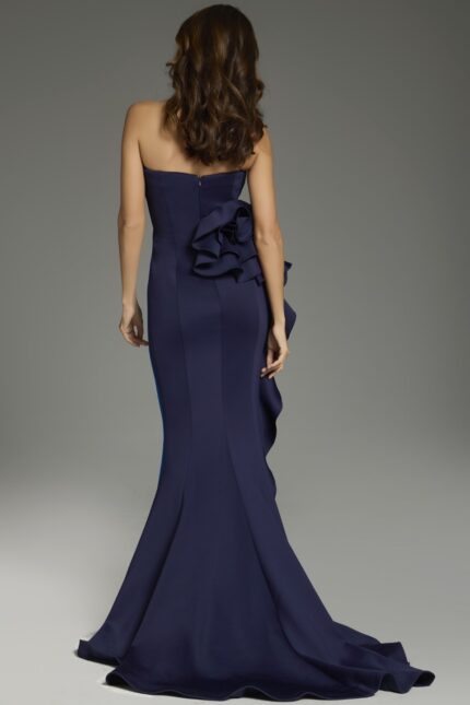 Back view of Jovani 36372 navy gown with ruffle detail.