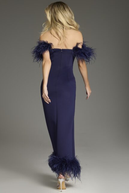 Back view of model in Jovani 36375 navy dress with feather detail