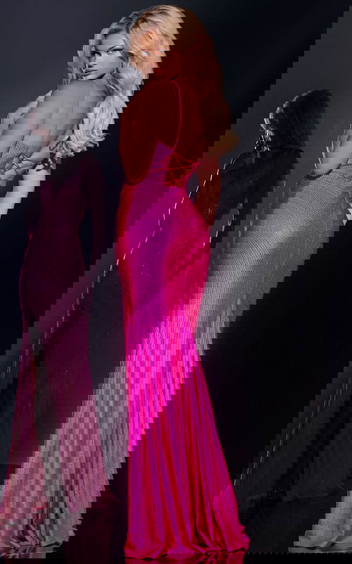 Model wearing Jovani 36403 pink dress showing the back with lace-up style.