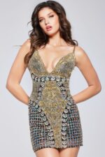 Model wearing Jovani 36425 green sequin cocktail dress, front view.